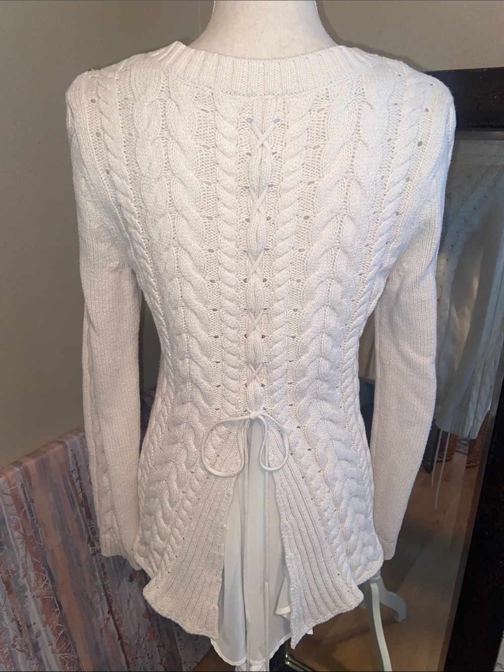 CABI Cream Cotton Cable-knit Sweater Lace-Up Tie Back Sheer Under-layer Knit